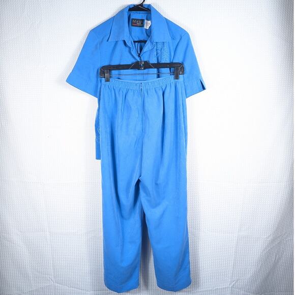 MHM Melissa Harper Petite 8P Blue Two Piece Set Shirt Pants Embellished Floral - Picture 1 of 6